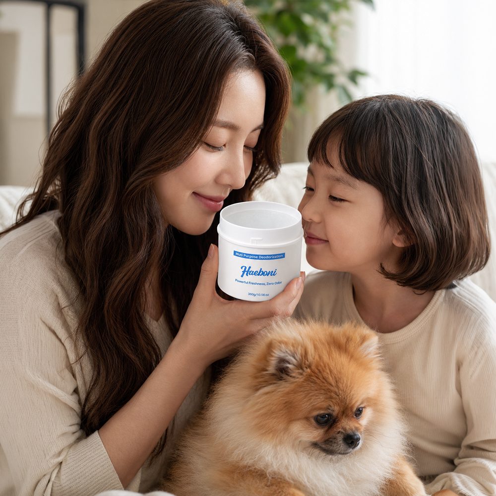 엄마와 아이가 반려견과 함께 해보니 용기를 들고 있는 모습